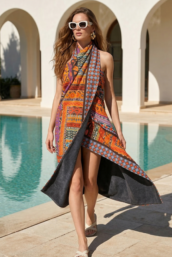 Women's Orange Ethnic Pattern Beach Towel by Iconique – Moda Mare Positano