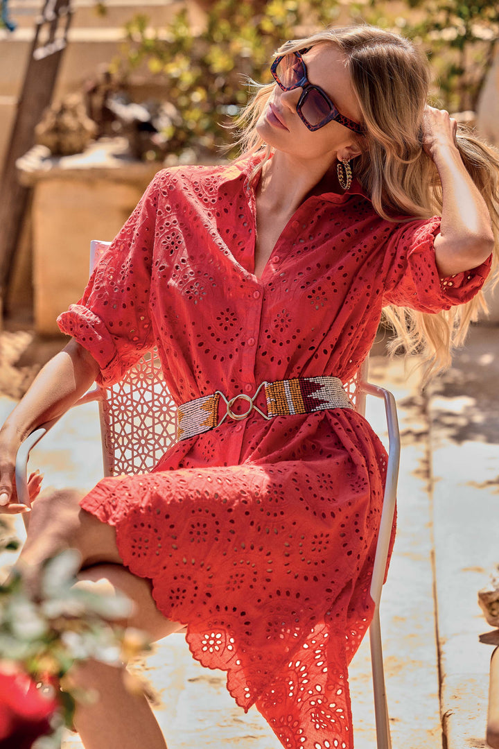 Ella Red Premium Lace Shirt Dress for Women by Iconique – Moda Mare Positano